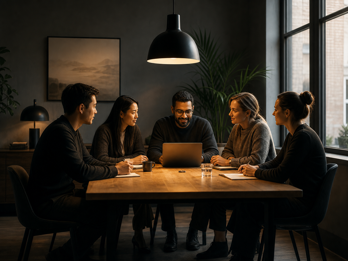 Collaborative team meeting around a studio table