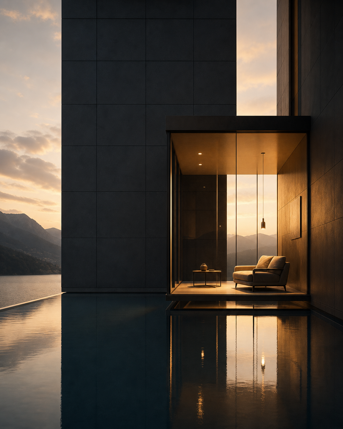 Modern glass architecture with warm interior light and water reflections