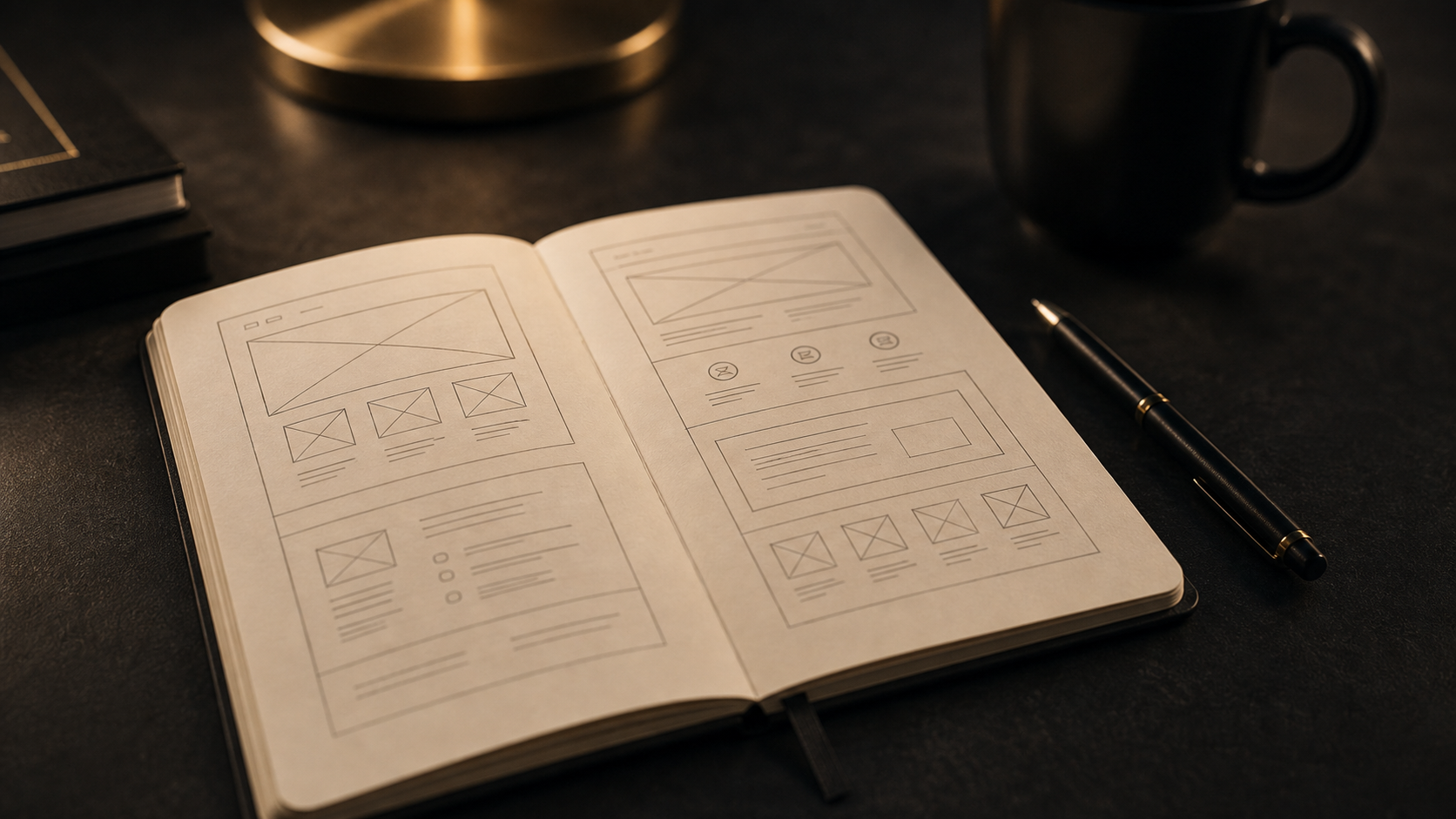 Notebook with website wireframe sketches on a dark desk
